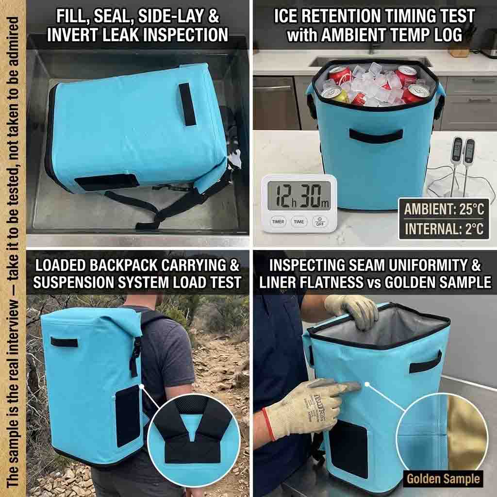buyer testing a cooler backpack sample: leak test, ice retention timing, loaded carry and weld inspection against the gold sample buyer testing a cooler backpack sample: leak test, ice retention timing, loaded carry and weld inspection against the gold sample
