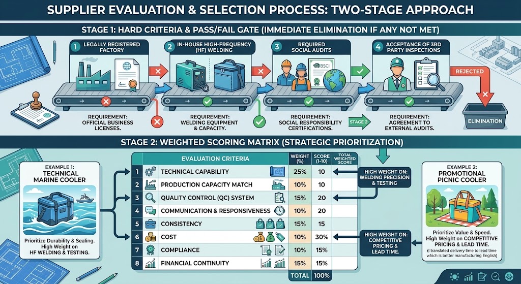 two-stage supplier selection: pass/fail gates then a weighted scoring matrix for cooler backpack manufacturers two-stage supplier selection: pass/fail gates then a weighted scoring matrix for cooler backpack manufacturers