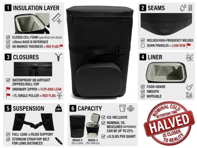 six specification checks for buying a soft cooler backpack: insulation, seams, closure, liner, harness and capacity